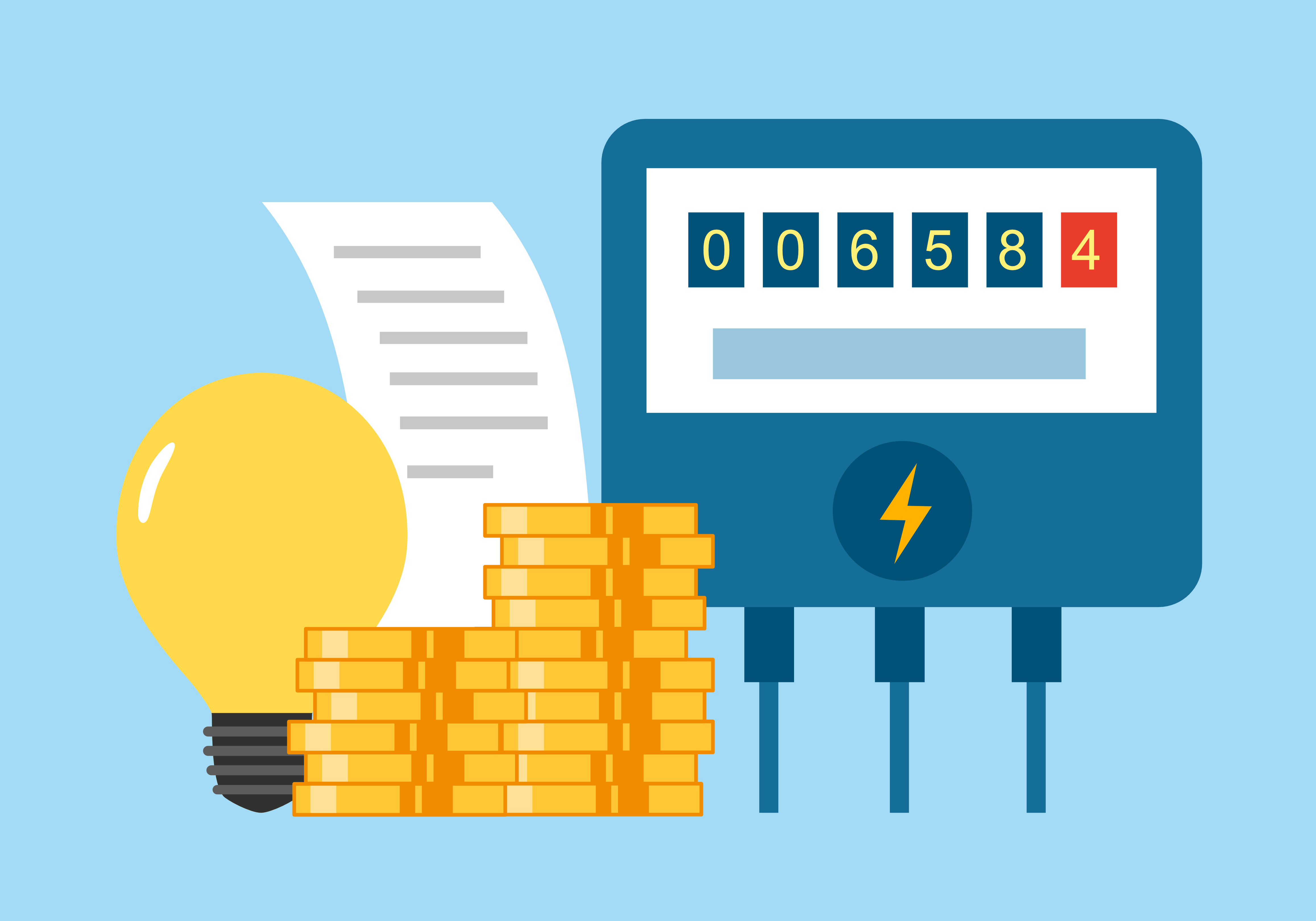 Illustrated light bulb, stacked coins, and electric meter