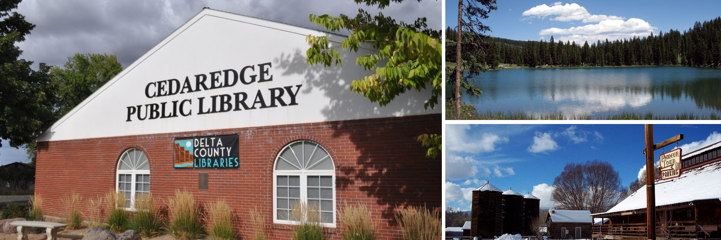 Cedaredge Library collage showing the library branch building, a view of a lake, and a lodge after a snowfall