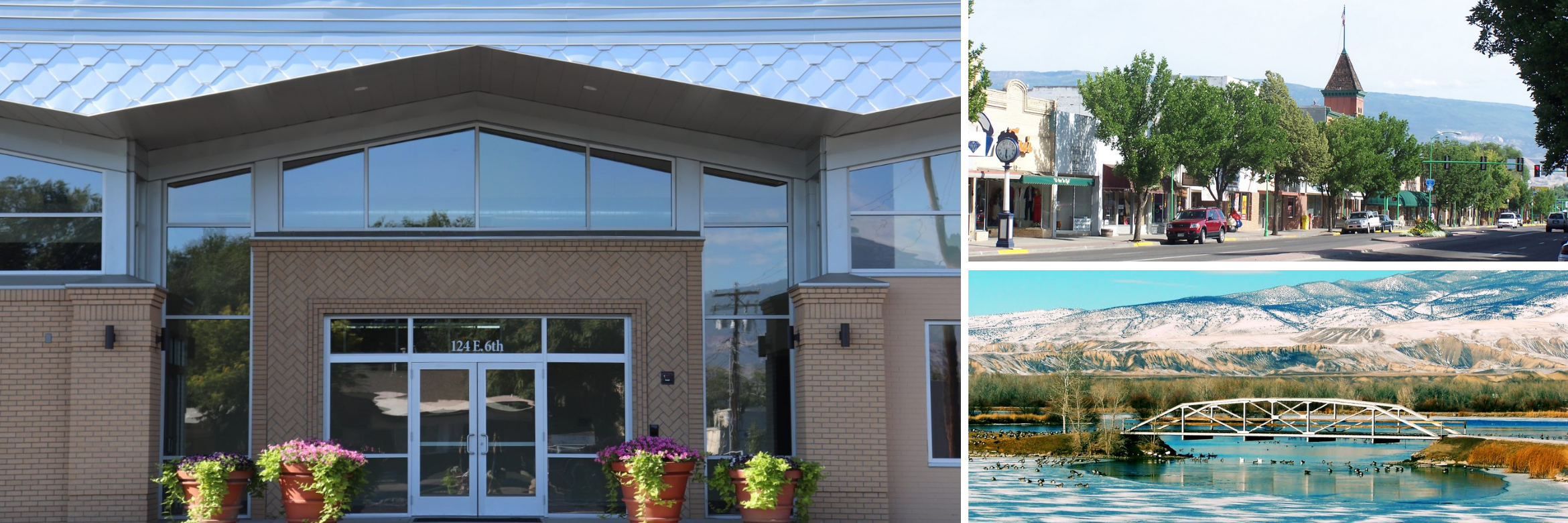 Delta Library collage showing the front of the library building in one image, a bridge in another image, and a shot of the downtown Delta area