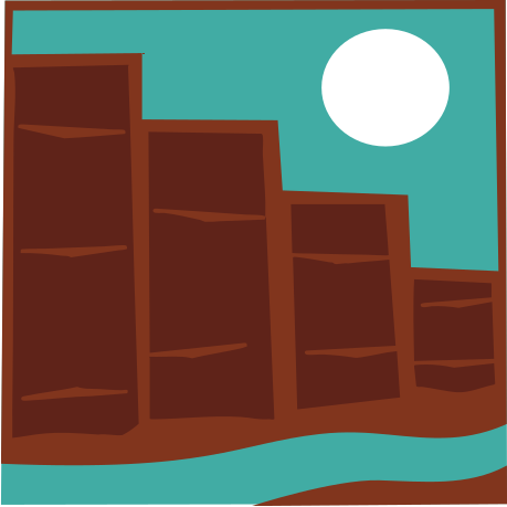 Square Delta County Libraries logo icon with river, cliffs that look like books, and the sky with the sun