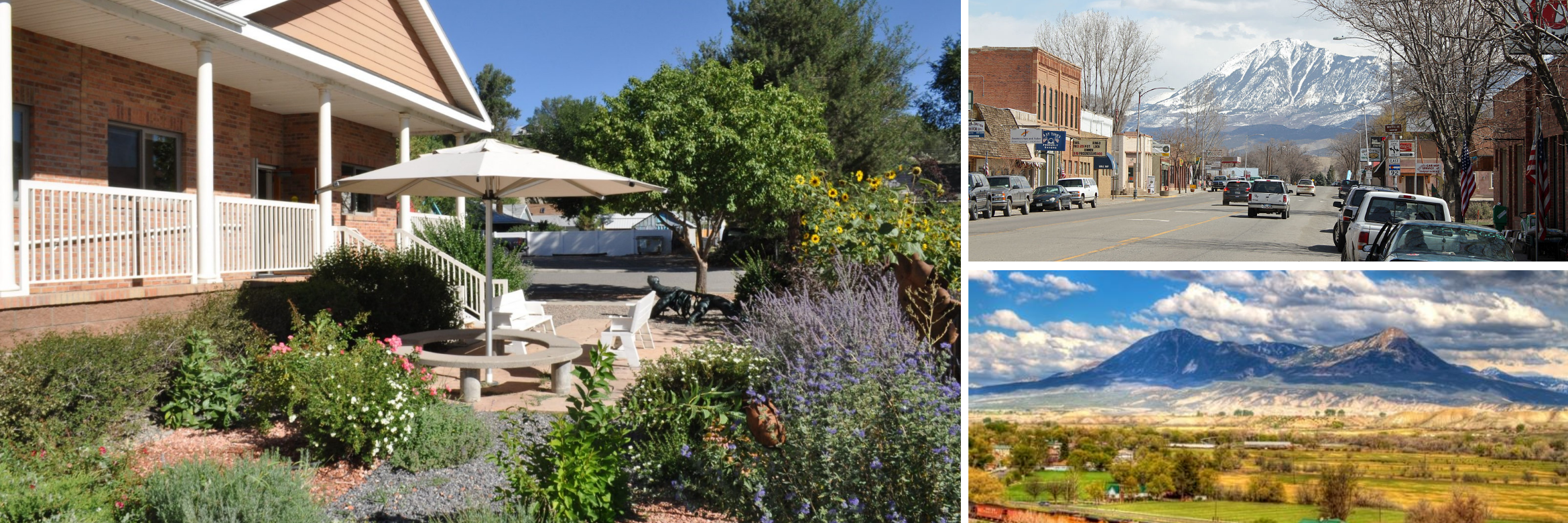 Hotchkiss collage showing an image of the Hotchkiss Library building, an image of traffic on a town street with mountains in the background, and an image of a mountain range