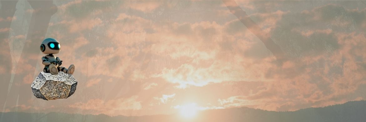 A robot with blue eyes, sits on a rock that is suspended in front of a reddish sky.
