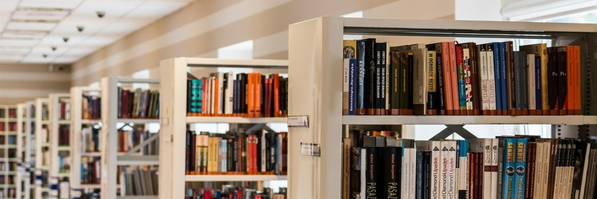 A view of receding library bookshelves. 