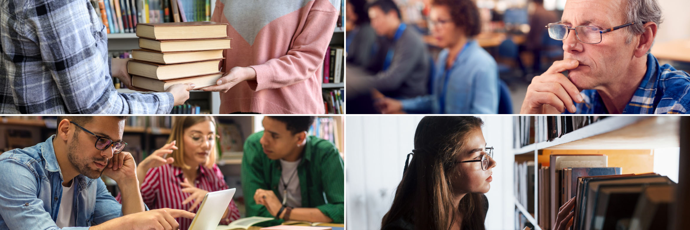 Collage of four images: top left image shows a person handing another person a stack of books, top right image shows an older man using a desktop computer, bottom left image shows a group of three people studying, and bottom right image shows a woman selecting a book from a bookshelf