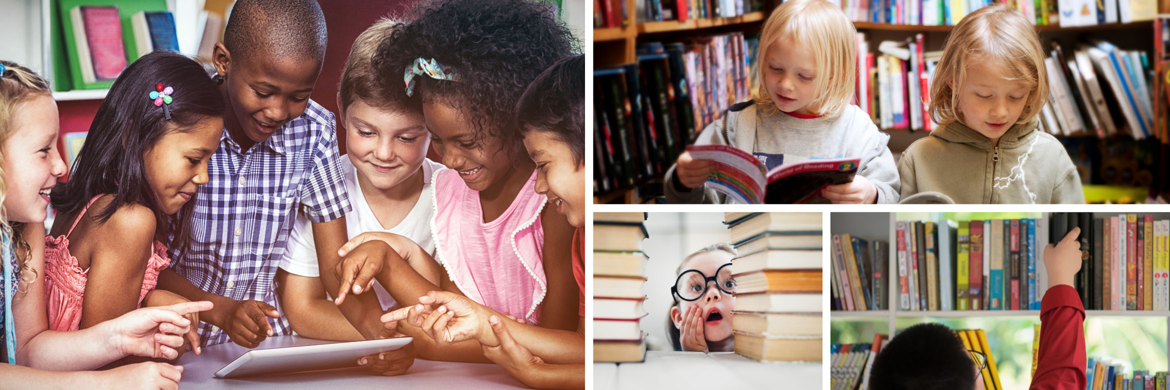 Collage of four different images: left image shows a group of six young students smiling while looking at a tablet, top image shows two brothers in the library with open books, bottom image shows a young girl with glasses staring at stacks of books, and the right image shows a boy reaching for a book on the shelf