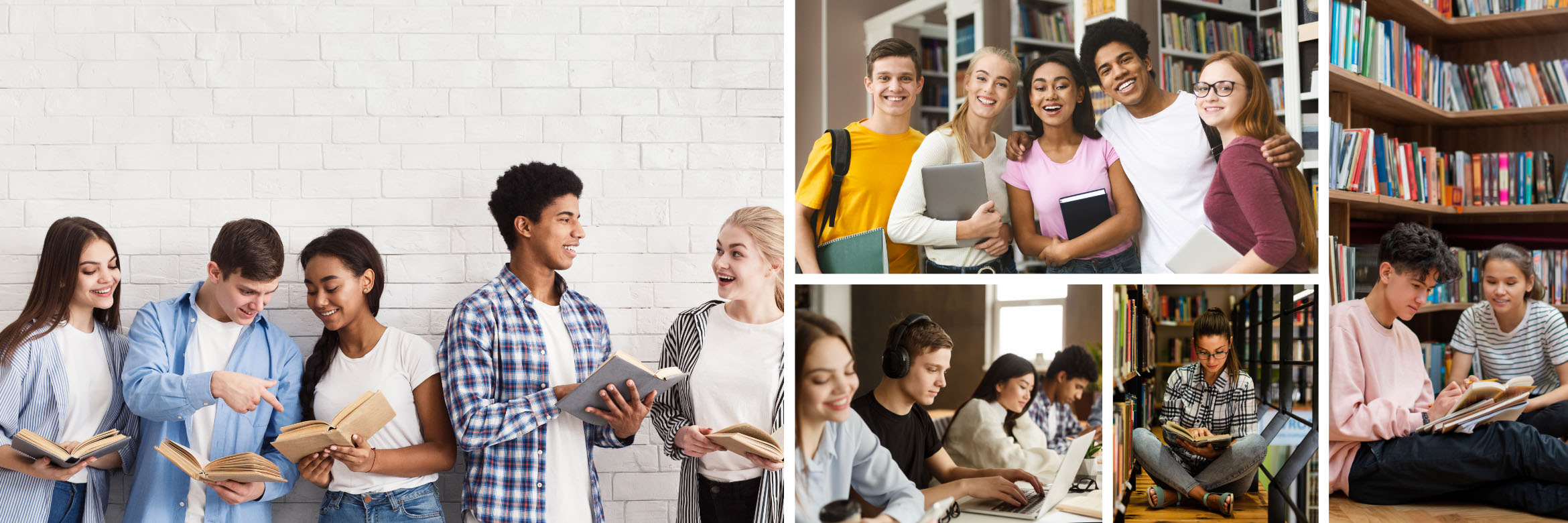 Collage header showing five pictures: first showing a group of five students standing and holding books, top middle image shows a different set of students smiling at the camera, bottom left image shows a group of students in a computer lab, bottom right shows a teen girl sitting on the floor of the library with an open book, and the right image shows a teen boy and girl in the library holding books 