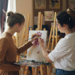 A teenager paints a flower on a canvas, as a mentor assists with her technique.