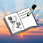 A graphic respresentation of a journal floats in front of  a sunset image.