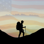A faint American flag veils a mountain backdrop. A hiker's silhouette is in the foreground.