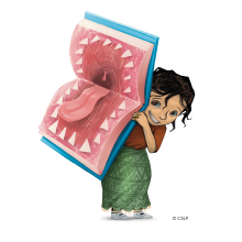 Graphic of girl holding an open book with a large dinosaur mouth on the pages
