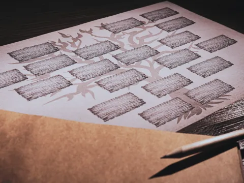 Image of large sheet of paper depicting sections to build a family tree. 