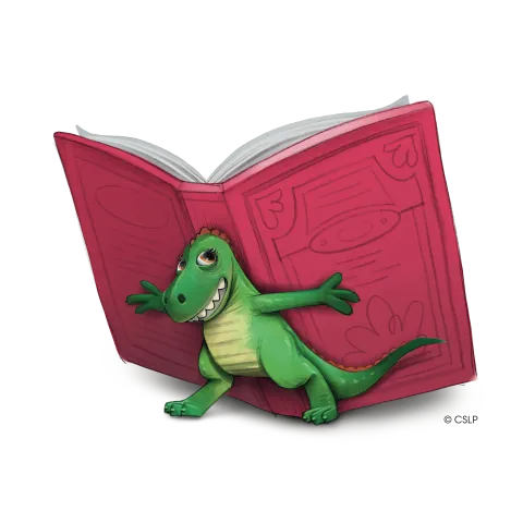 A small green dinosaur carries a book on its back that has a red cover.
