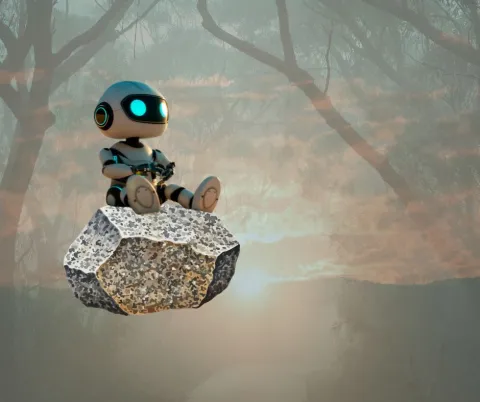 A robot sitting on a rock