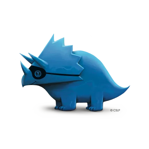 A blue triceratops wearing a black mask over its eyes.