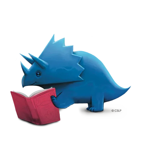 A blue triceratops holds a book open that has a red cover.