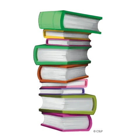 A stack of books, all with a different brightly colored cover.