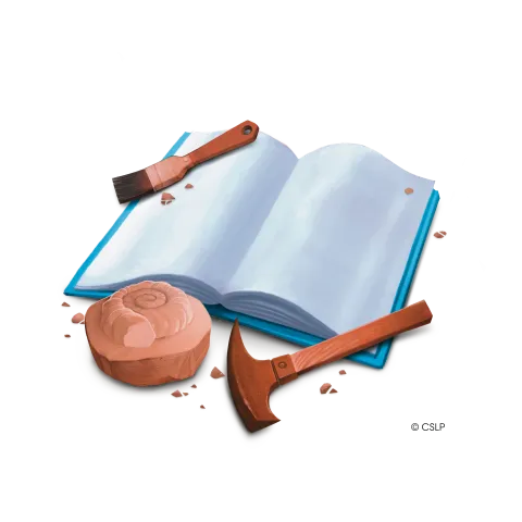 A book with a blue cover lays open with archaological tools surrounding it.