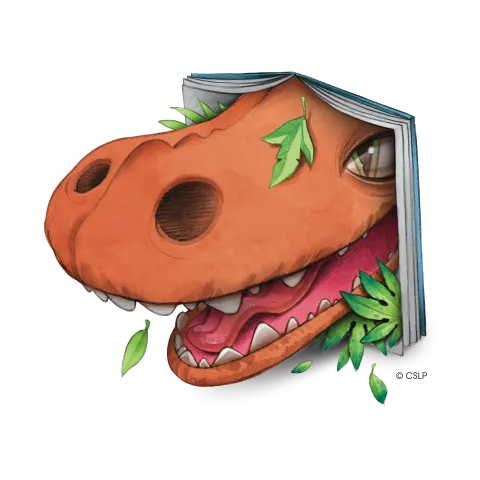A large orange dinosaur's face bursts through a book.