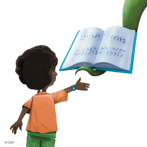 A child reaches toward an open book being held by a dinosaur hand.