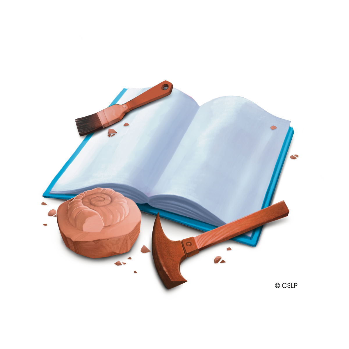 A book lays open with several archaological tools resting upon it.