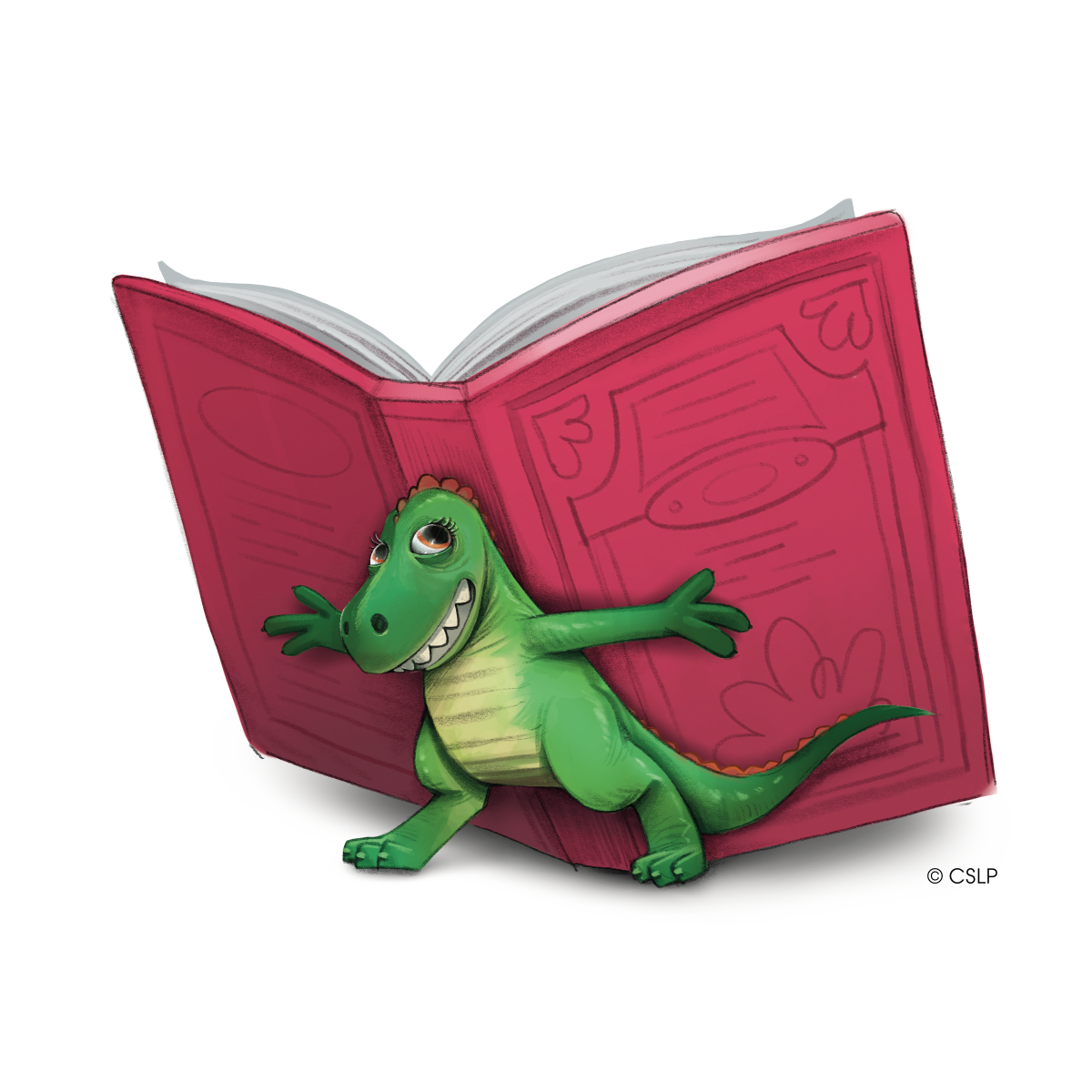 A small green dinosaur carries a book on its back that has a red cover.