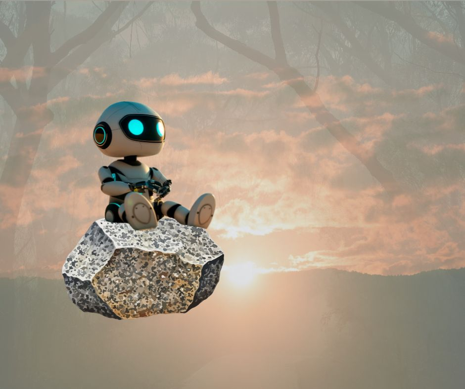 A robot sitting on a rock.