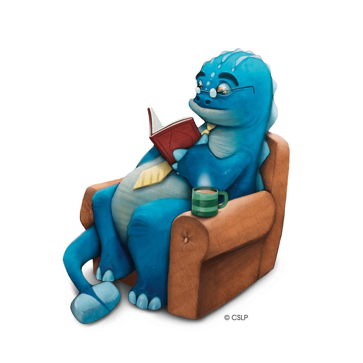 A blue dinosaur that is wearing glasses, sits on a recliner, reading a book.