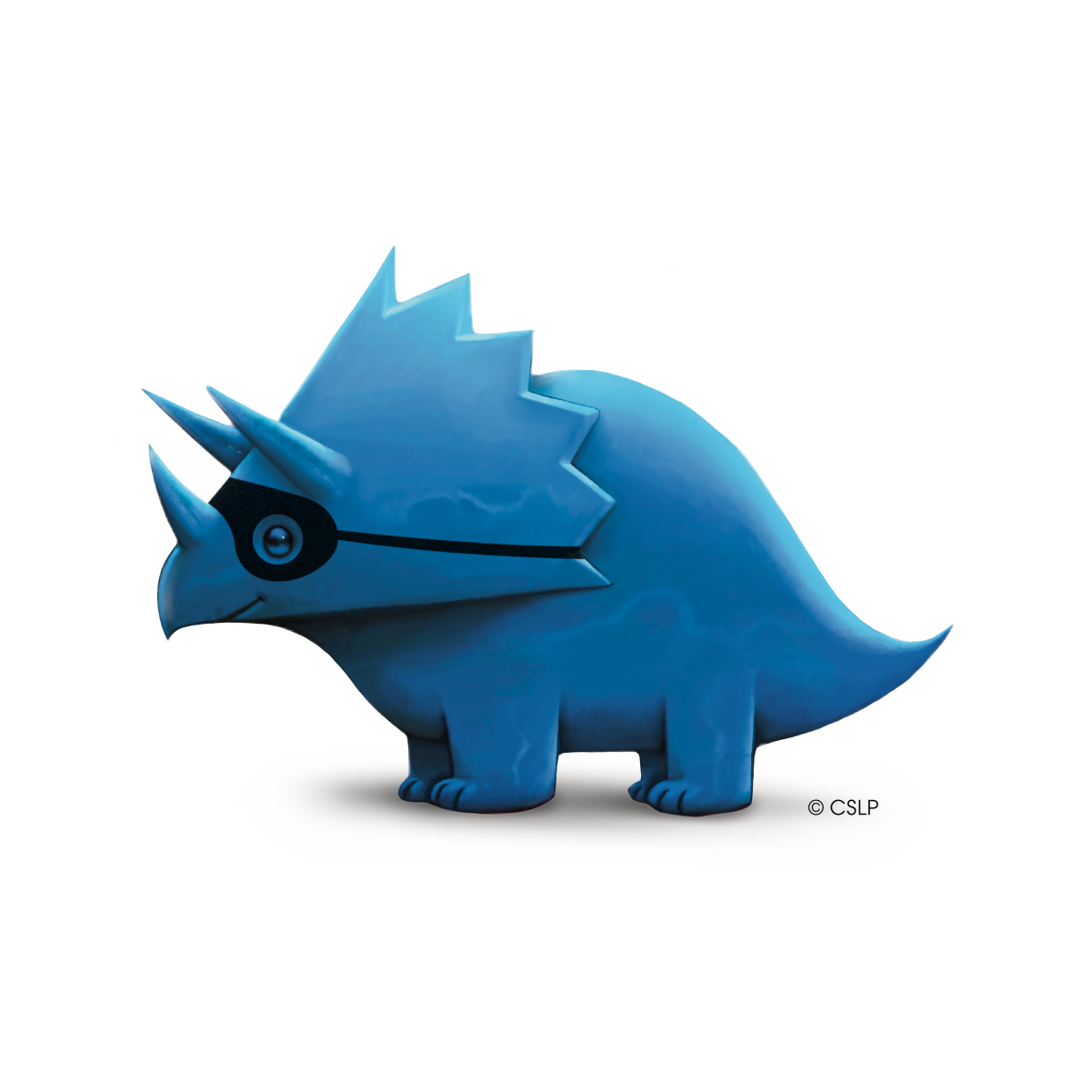 A blue triceratops wearing a black mask over its eyes.