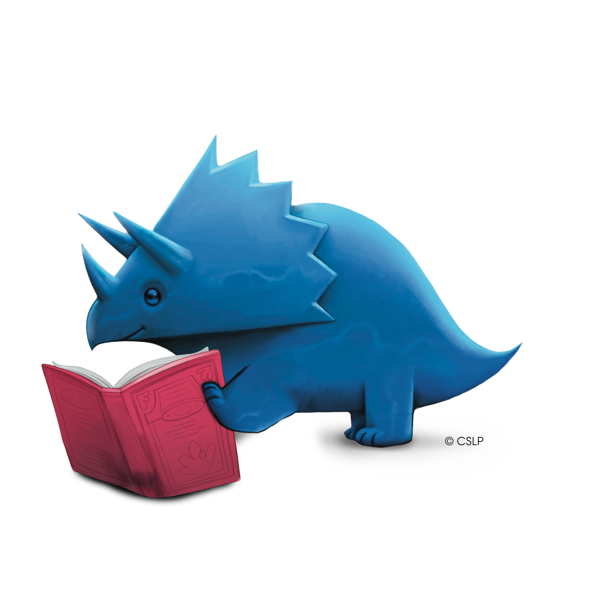 A blue triceratops holds a book open that has a red cover.