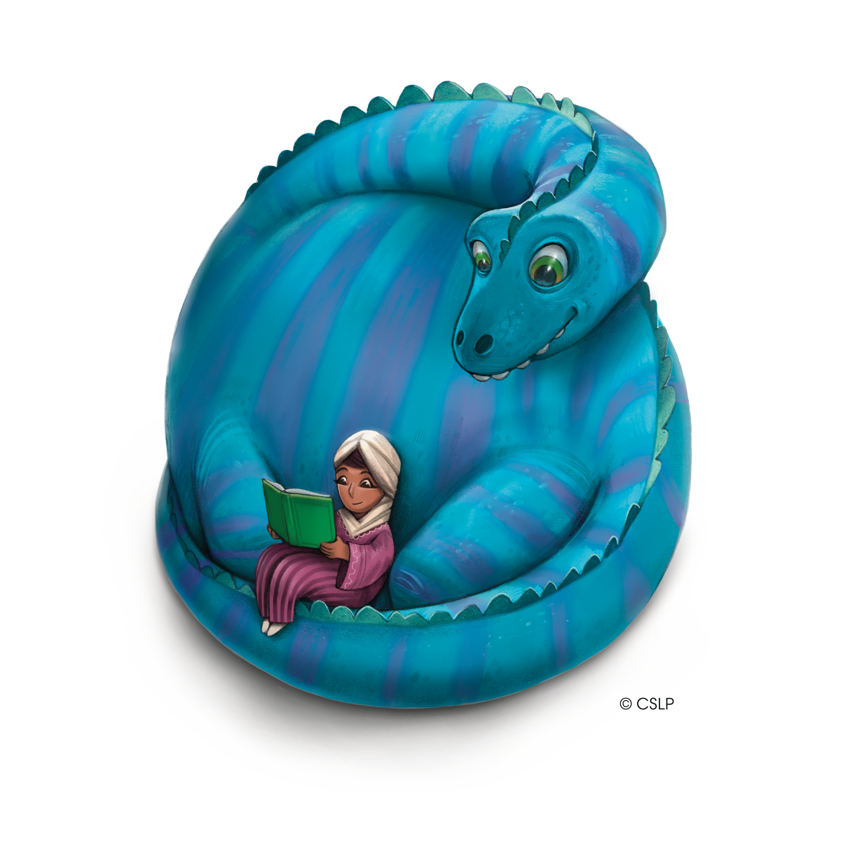 A young reader is sitting with a book, curled up in the lap of a dinosaur.