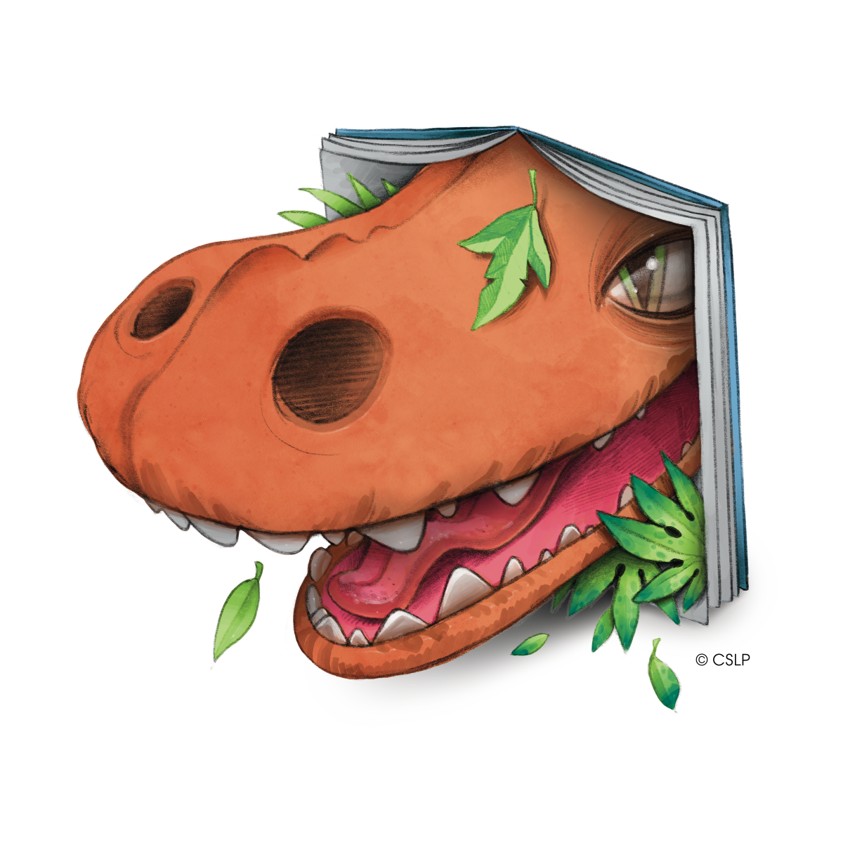 A orange dinosaur face bursts through the opening of a book with foliage falling around its face.