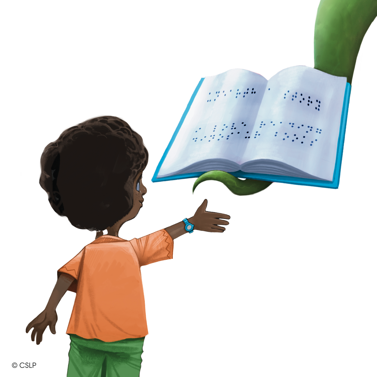 A child reaches toward an open book being held by a dinosaur hand.