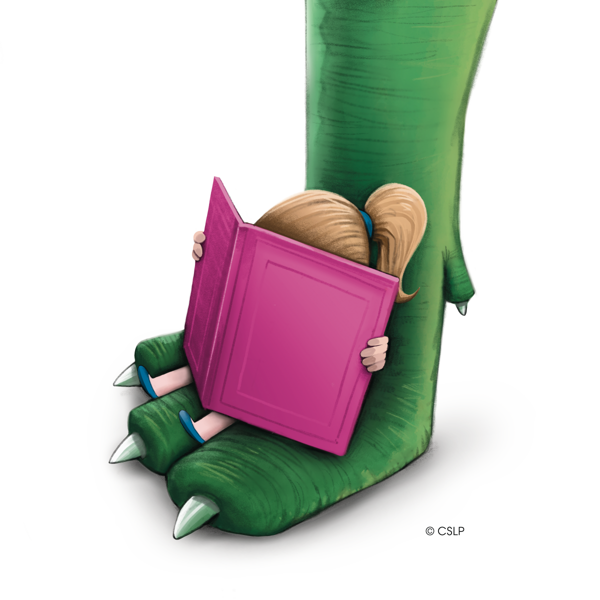 A child sits on a large dinaosaur's foot, while reading a large book with a pink cover.