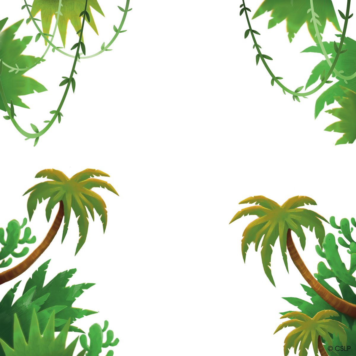 A variety of tropical foliage forms a frame around an open space.