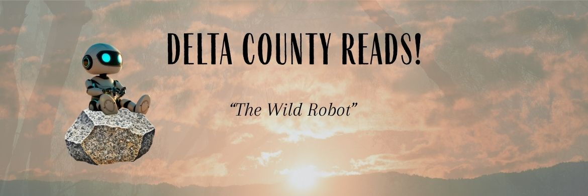 A robot with blue eyes, sits on a rock that is suspended in front of a reddish sky.